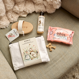 Digby Dog Wash and Digby Dog Brush from the Puppy Starter Kit, with Lavender and Mandarin essential oils