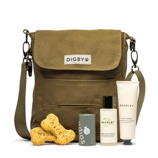 Digby Walking Bag Set with canvas cross body bag, biscuit treats, poo bags, hand sanitiser and hand cream