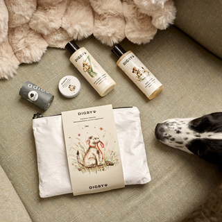 Dog nose next to Digby Pooch Pouch gift set with Dog Wash, Dog Conditioner, Wonder Balm and biodegradable poo bags 
